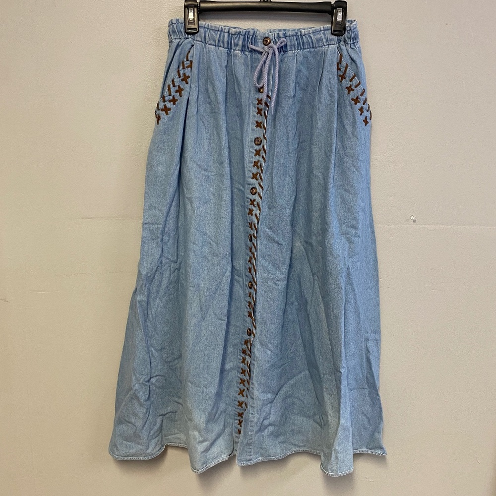 Cambridge Country Store Denim Maxi Skirt Button Down Size 6 Leather Ribbon